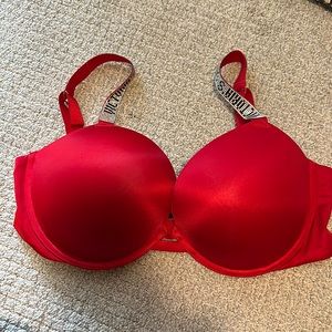 Red padded rhinestone bra